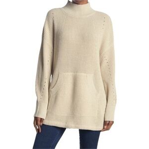 RDI Nordstrom Mock Neck Kangaroo Pocket Ribbed Tunic Sweater White Beach Tan New
